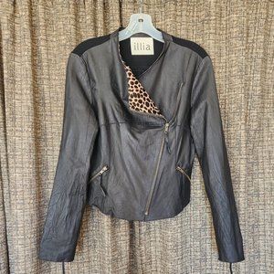 Illia Leopard Trim Black Leather Moto Jacket Sz6